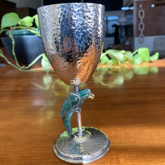 Vintage EMILIA CASTILLO Mexican Parrot Hammered Silver Plate Wine Goblet Cup - Picture 1 of 3